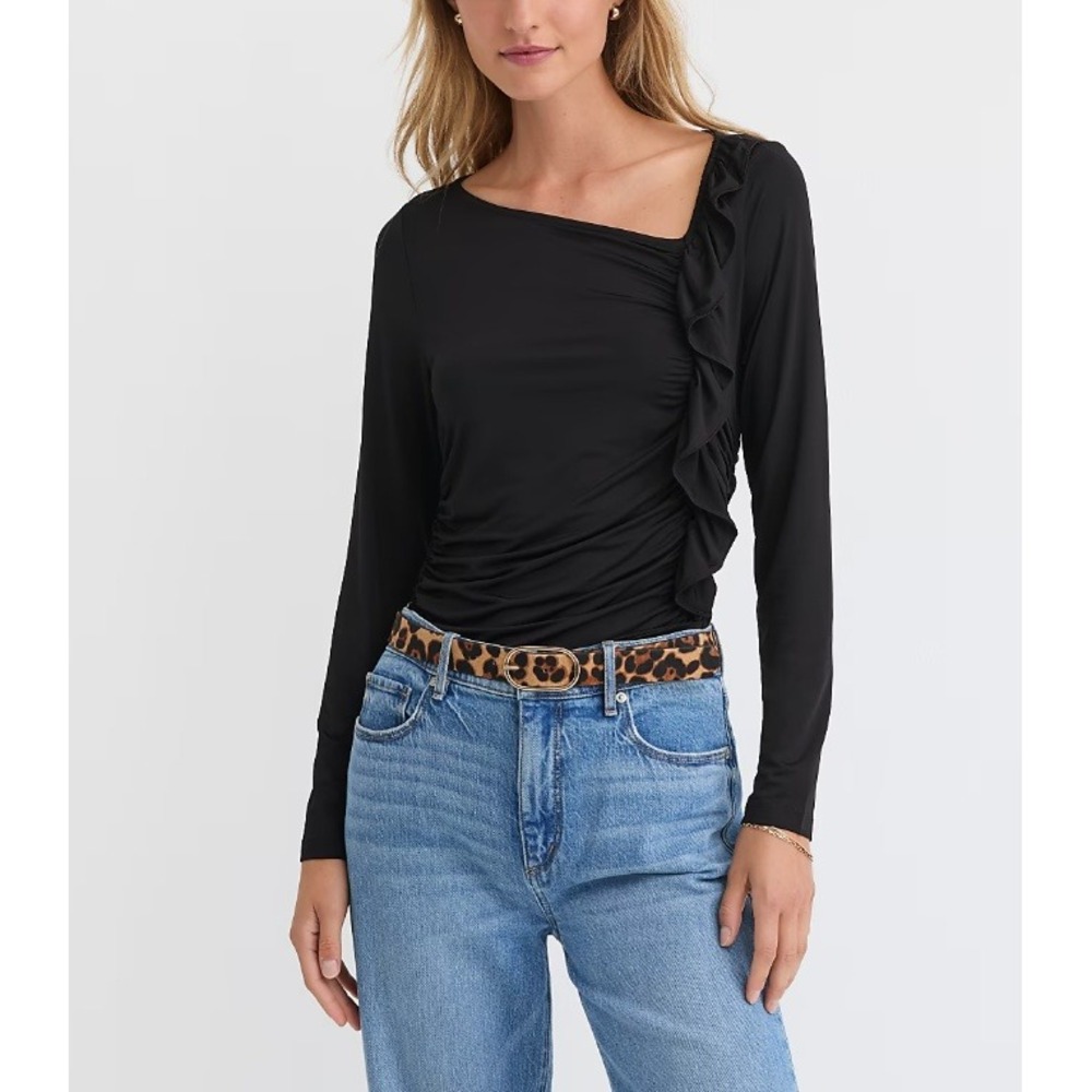 New LOFT Blouse size XL Black Stretch Knit Ruffle Side Ruched Top Feminine